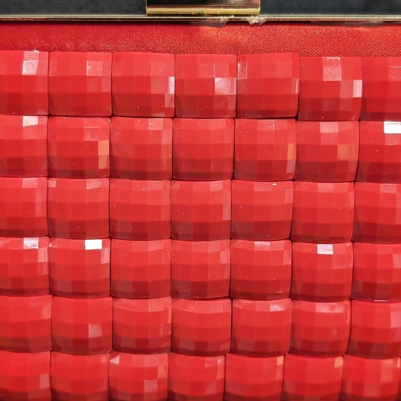 Red Satin and Acrylic Disco Ball Style Evening Bag with Gold Chain Strap - Picture 3 of 12